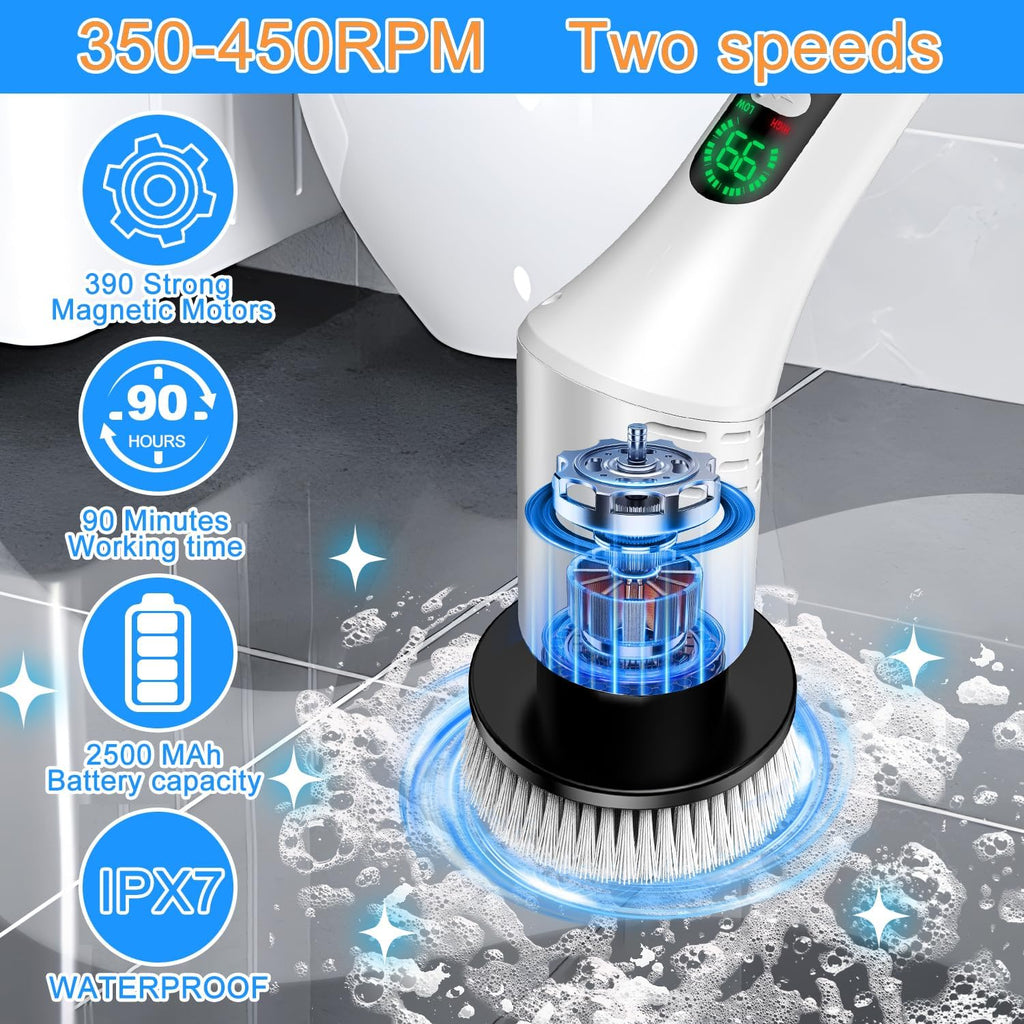 IPX7 Waterproof Electric Spin Scrubber, Power Cleaner with 9 Brush Heads, LED Battery Display, 2 Speeds Adjustable Long Handle for Kitchen Bathroom, Shower, Tile & Car Cleaning (A-White)