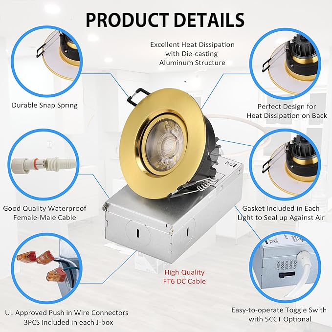 Premium 3-inch LED Recessed Lights - 5 CCT 3 Inch Eyeball Ceilling Gimbal Potlight, Dimmable Recessed Lights Fixture with Junction Box, 8W CCT Adjustable, Shiny Gold, 6P