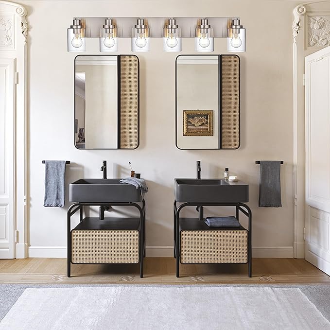 6 Light Vanity Light Brushed Nickel Bathroom Lighting Fixtures Over Mirror, Modern Bathroom Light with Clear Glass Shade, Farmhouse Vanity Lights