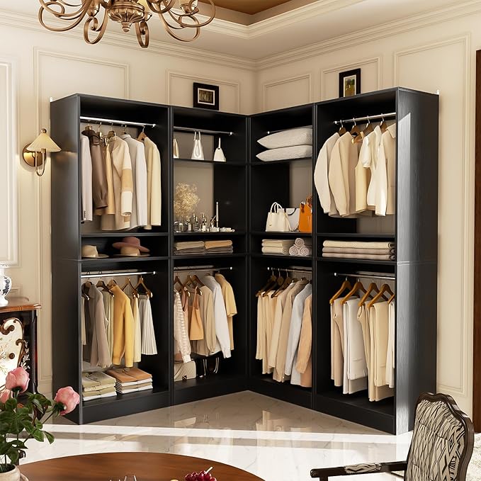 Unikito 100 Inch Large Closet System, 8.3FT Wood Closet Organizer Kit with 8 Hanging Rods, Adjustable Walk in Wardrobe Closet Tower, Sturdy Luxury Clothes Garment Rack, Easy Assembly, Set of 4, Black