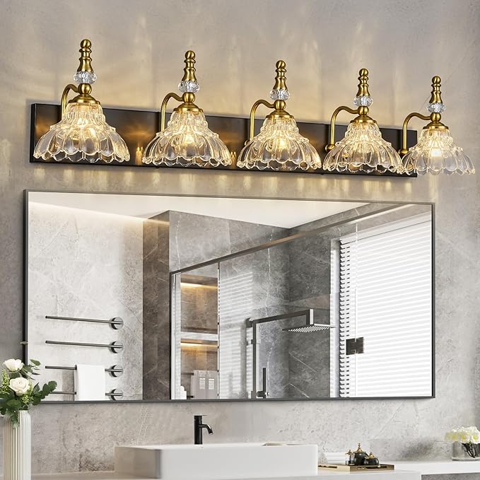 Vintage Bathroom Vanity Light, 5-Light Black Gold Vanity Lighting Fixture with Flower Glass Shade, Bathroom Lighting Fixtures Over Mirror