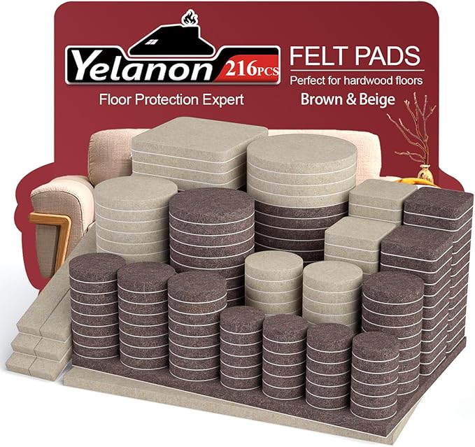 Yelanon Felt Furniture Pads for Hardwood Floors -216 Pcs Premium Felt Pads for Chair Legs, Floor Protectors for Furniture, Beige & Brown