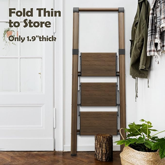 Taranta 3 Step Ladder, Portable Folding Ladder with Wide Pedal, Lightweight Aluminum Step Stool with Convenient Handgrip, 330 lbs Capacity Stepladder for Home, Office - Walnut