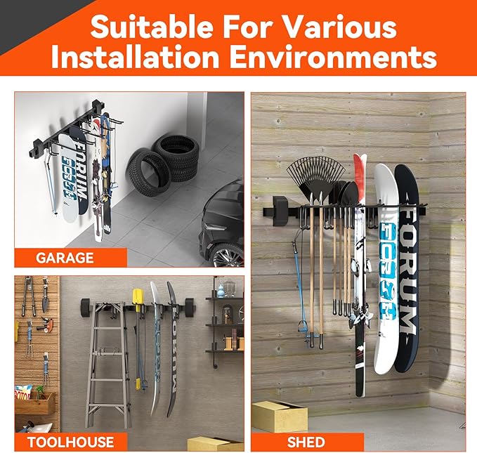 32" Ski & Snowboard Wall Rack – Heavy-Duty Wall Mounted Ski Storage for Garage, Holds 10 Pairs with 5 Adjustable Hooks, 300lbs Capacity, Non-Slip Rubber, Easy Install | Ski Holders for Wall