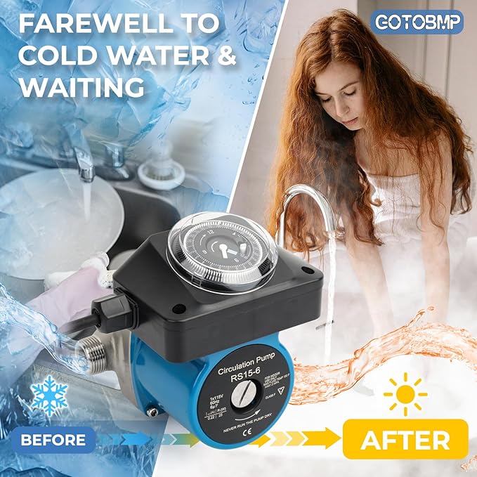 Hot Water Recirculating Pump Kit, Circulation Pump, with Brass Sensor Valve Kit, 1/2’’ Stainless Steel Braided Hose, and Water Heater Timer for Tank Water Heaters