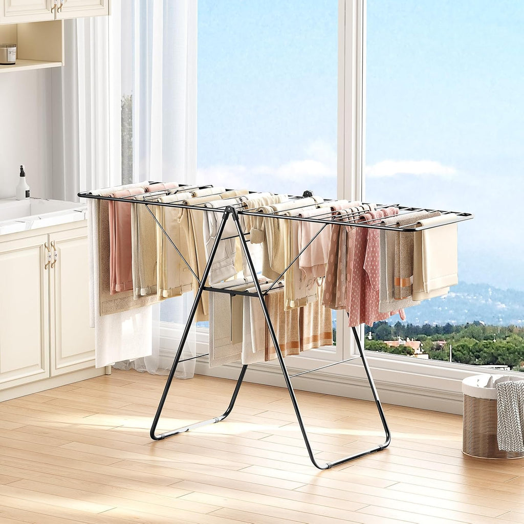 APEXCHASER Clothes Drying Rack, Oversized Drying Rack Clothing with Height-Adjustable, Foldable Gullwings Metal Laundry Rack, Indoor Outdoor Use, No Assembly, Black