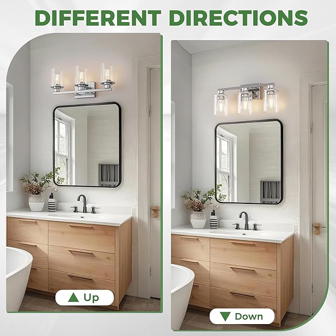 DORESshop 20 Inch Bathroom Light Fixtures, 3-Light Chrome Bathroom Lighting Fixtures Over Mirror with Clear Glass Shade, Vanity Lights for Living Room Bedroom