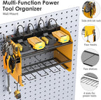 CCCEI Set Power Tool Organizer Wall Mount with Charging Station. Garage 4 Drill Storage Shelf with Hooks, Heavy Duty Metal Tool Battery Charger Organizer. Shop Utility Rack with Power Strip Yellow.