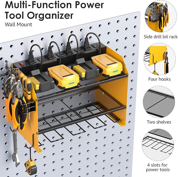 CCCEI Set Power Tool Organizer Wall Mount with Charging Station. Garage 4 Drill Storage Shelf with Hooks, Heavy Duty Metal Tool Battery Charger Organizer. Shop Utility Rack with Power Strip Yellow.