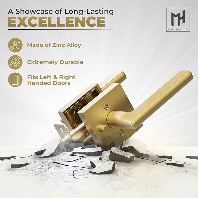 Mega Handles Prime Privacy Lever Door Handle for Hallway, Closet and Bathroom, Keyless Design Door Levers, Fits All Standard Door Sizes, Exposed Screws Included - Satin Brass (1 Pack), 4.29"