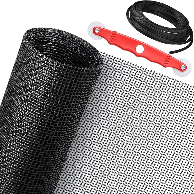 Window Screen Replacement Kit, 59'' x 106'' Fiberglass Screen Mesh with Rolling Tool and Screen Retainer Spline, DIY Adjustable Screen Door Mesh for Window, Door and Patio, Black