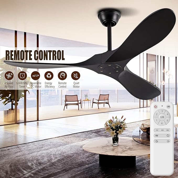 52" Ceiling Fans Without Lights, Solid Wood Ceiling Fan with Remote Control and Quiet DC Motor, Ceiling Fan no Light 3 Blades, Indoor Outdoor Ceiling Fans for Patios, Bedroom- Black