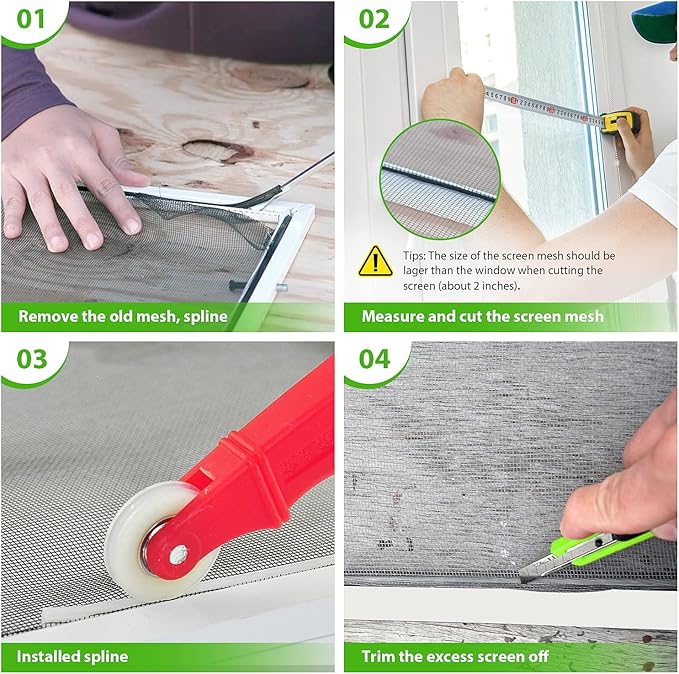 Ouskr Replacement Window Screens Kit, 48X118 Inch Durable Window Screen Mesh for Patio Porch Door Windows, DIY Adjustable Fiberglass Screen Repair Kit with Rolling Tool Hook Ruler Cutter Spline
