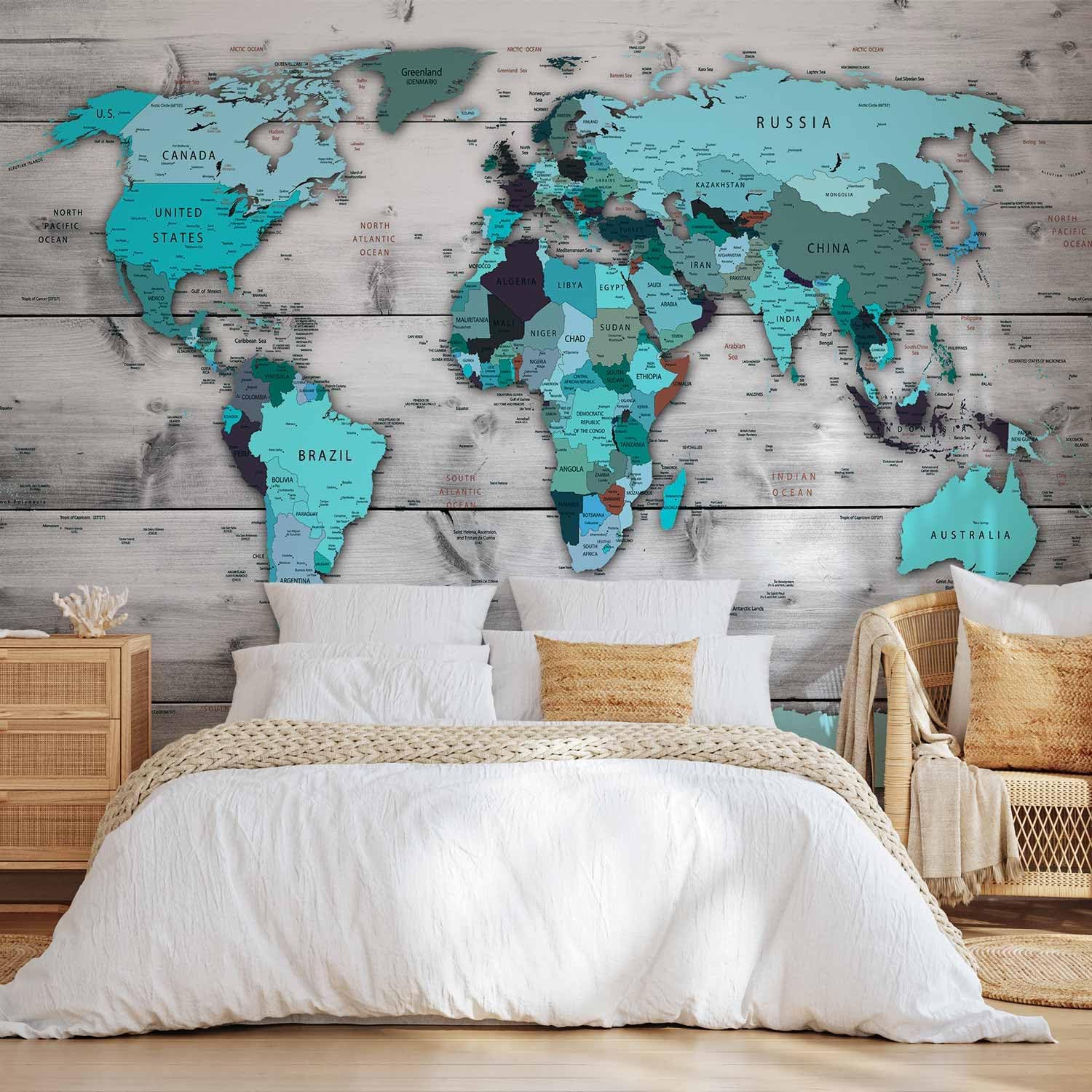 artgeist Premium Wall Mural World Map 138x101 in - XXL Non-Woven Wallpaper Fleece Wall Decor Photo Print Picture Image Design Home Map of The World k-B-0009-a-d