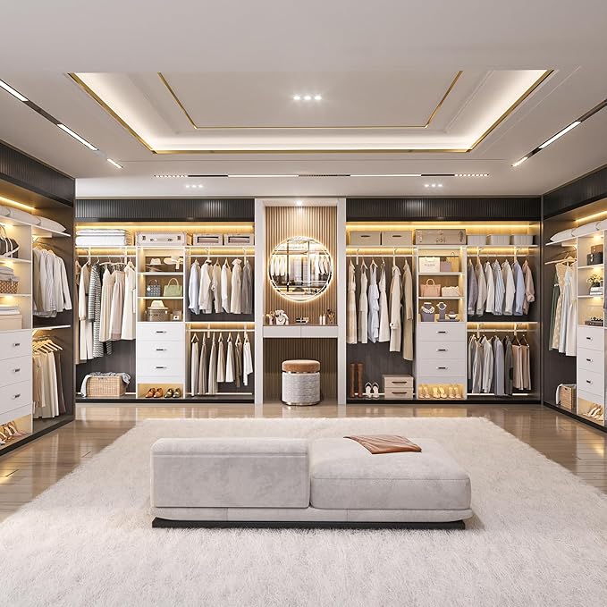 Closet System with Drawer - 8FT Wood Closet Organizer System with 3 Hanging Rods and Shelving Tower, 96" Walk In Closet Organizer Wardrobe, Heavy Duty Garment Rack Clothes Rack, White