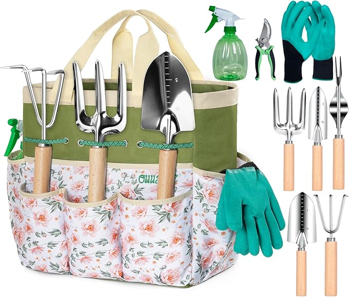 Garden Tool Set with Bag and Gloves, Stainless Steel Gardening Tool Set, Ideal Gardening Gifts for Women and Men, Set of 9