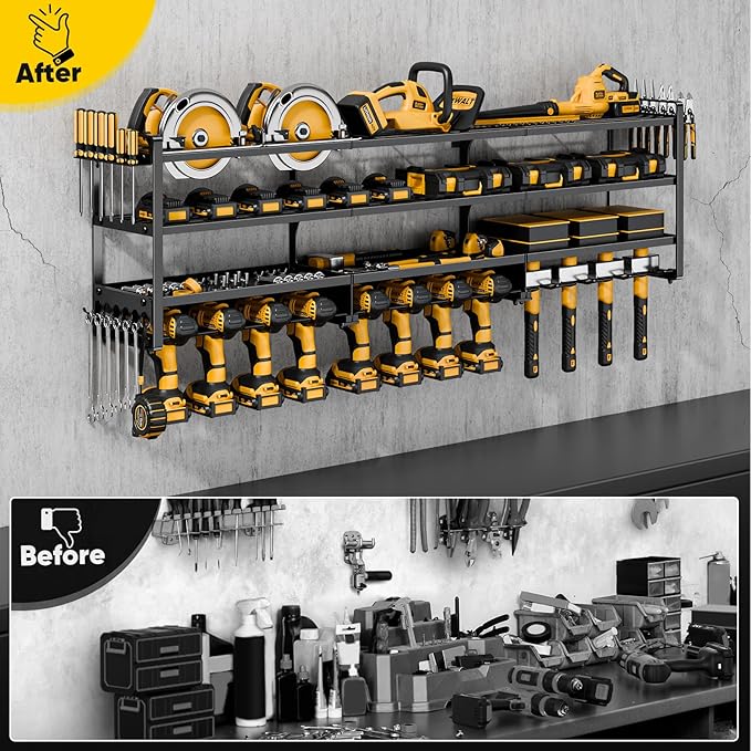 49" W Large Power Tool Organizer Wall Mount Loads 600 lbs, Heavy Duty 4-Tier 12 Drills Holder, Cordless Tool Storage Battery Shelf, Utility Racks for Garage Workshop Shed, Gifts for Men Husband