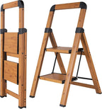 Step Ladders Folding 2-Step Woodgrain Finish Aluminum Foldable Step Stool,Anti-Slip Portable Sturdy for Home & Kitchen Office 330 lbs