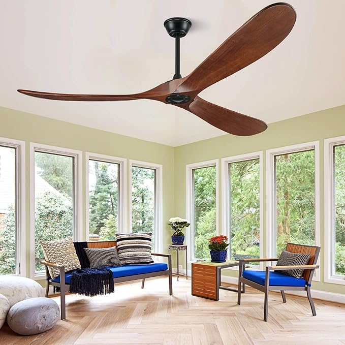 60 inch Ceiling Fan Without Light, Ceiling Fan No Light with Remote Control and Quiet DC Motor, Outdoor Fans for Patios,Solid Wood 3 Blades,ETL Listed - Dark Walnut