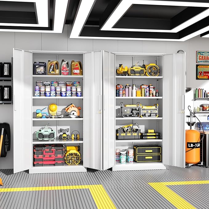 Greenvelly White Metal Storage Cabinet for Garage, 72” Steel Locking Cabinet with Doors and 4 Shelves, Tall Tool Organizer for Garage Systems Lockable File Storage for Home Office, Classroom