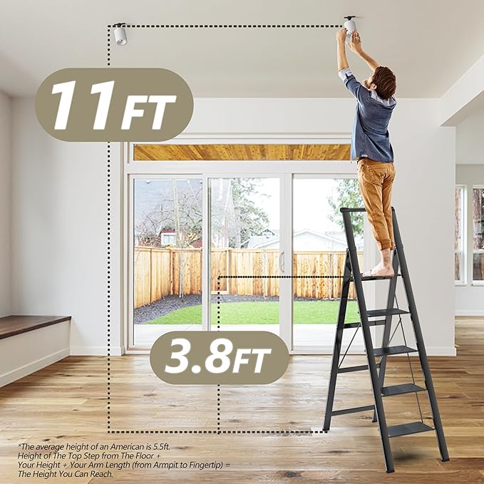 5 Step Ladder, Folding Step Stool, Portable Iron Foldable Black Ladder for 10 Foot High Ceiling with Anti-Slip Wide Sturdy Pedal and Handgrip, Multi-Use for Home (300 lbs Capacity)