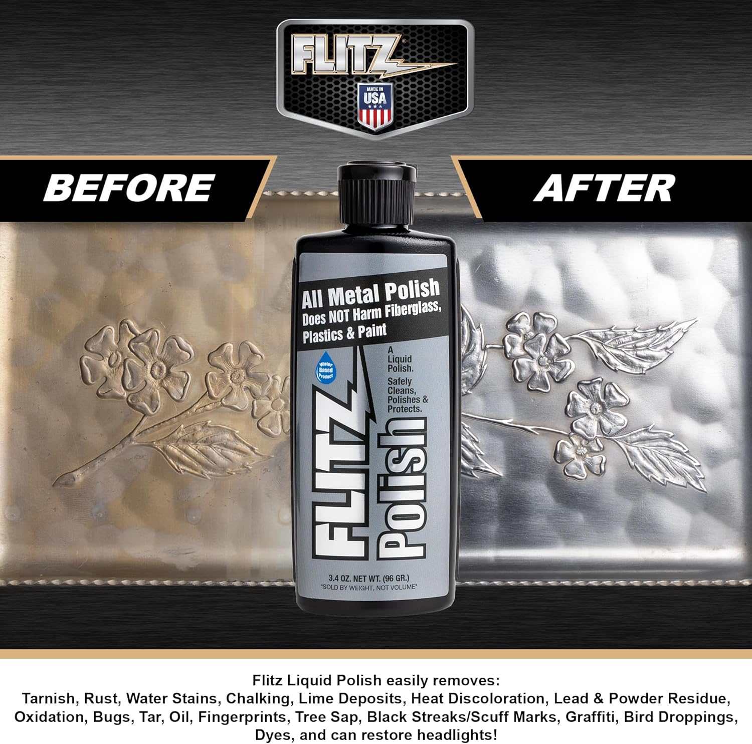 Flitz Multi Purpose Metal Polish Liquid - 3.4oz Bottle of USA-Made Tarnish Remover - For Aluminum, Chrome, Brass, Nickel, Silver - Non-Abrasive Metal Cleaner and Polish, Restorer (1 Pack)