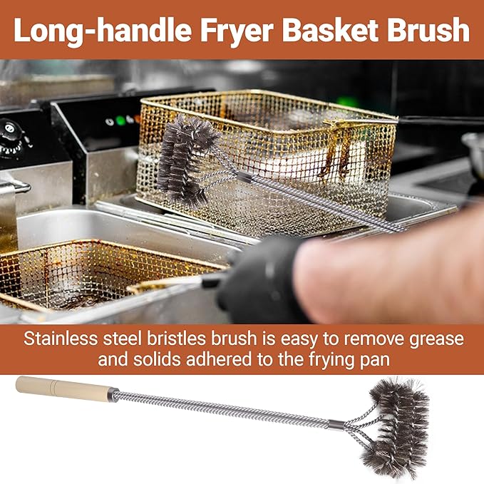 4 PCS Fryer Cleaning Tools with Deep Fryer Stainless Steel L-Shaped Brush, Deep Fryer Crumb Scoop, Deep Fryer Cleanout Rod, Long Handle Deep Basket Brush for Restaurants, Air Fryers, Deep Fat Fryers