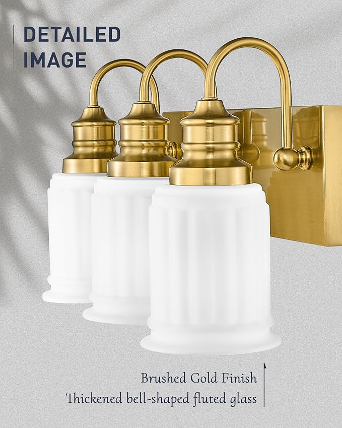 3-Light Bathroom Light Fixture, HWH Modern Vanity Light, Brushed Gold Wall Light Over Mirror, Frosted White Bell-Shaped Glass, 5HZG106B-3W BG