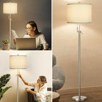 Brushed Nickel Floor Lamp for Living Room, Adjustable Height Standing Lamp with Metal Base, Tall Pole Light with Grey Shade for Bedroom, 8W 4000K 3-Way LED Bulb Included (Brushed Nickel, Grey Shade)