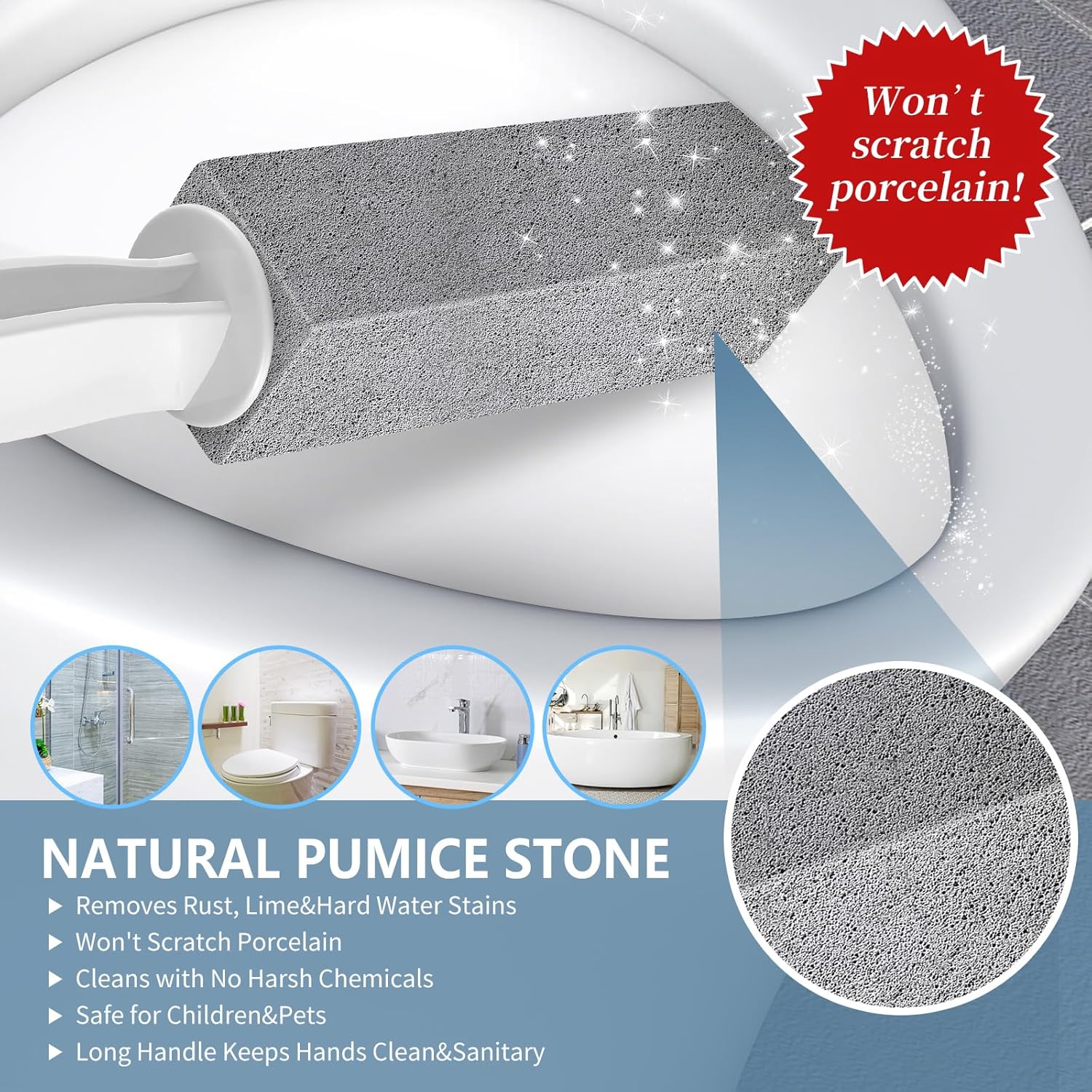 Toilet Bowl Cleaner Pumice Stone -Hard Water Stain Remover, Powerfully Removes Toilet Bowl Rings，Rust &Lime，Ideal for Toilet Brush/BBQ Grills/Sink/Pool/Bathroom【2Pack】 (Extra Long Handle)