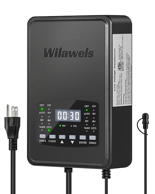 300W Low Voltage Landscape Transformer, 2 Zone Independent Control Landscape Lighting Transformer, 120VAC to 12/14V AC Low Voltage Transformer with Timer & Photocell Sensor ETL Listed D22LT06
