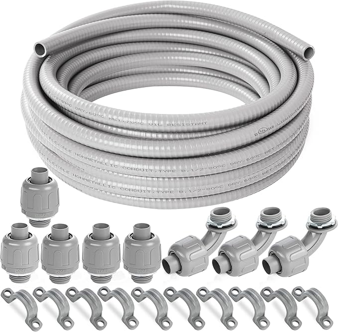 (1/2" Dia * 50 Feet) Yariwiz Flexible Electrical Conduit Liquid Tight PVC Conduit Kit with 5 PCS Coupling, 3 PCS Elbow and 10 PCS Strap, Sealtight Seal Flex Liquidtight Wire Outdoor Non Metallic Grey