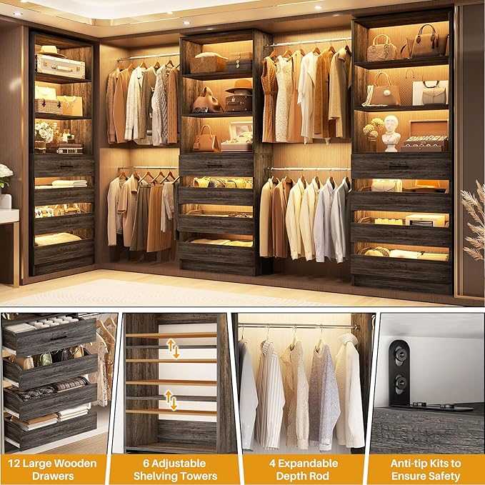 Aheaplus Closet System with 12 Drawers, 8.5-11.5Ft Wood Closet Organizer System with 4 Hang Rods & 3 Towers, 4Ft & 6Ft L-Shaped Walk-in Closets Wardrobe Organizer Clothes Rack, Set of 3, Black Oak1