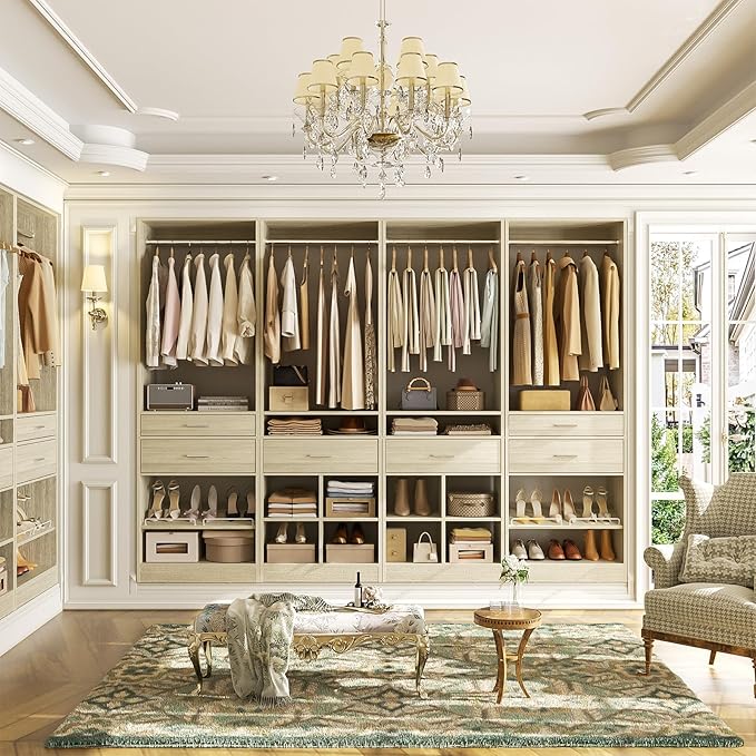 Unikito Closet System, 8.2FT Closet Organizer with 6 Wooden Drawers, Hanging Rods, Adjustable Shoe Rack and Cube Storage, Easy Assembly Wardrobe Tower, Set of 4, White Oak