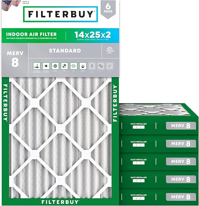 Filterbuy 14x25x2 Air Filter MERV 8 (MPR 700) Dust Defense Replacement (6-Pack), Electrostatic Pleated HVAC AC Furnace Filters, Made in USA (Actual Size: 13.50 x 24.50 x 1.75)