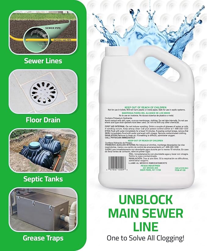 PEQUA INDUSTRIES Main Line Cleaner - Heavy-Duty Main Drain Opener for Drain Pipes, Sewer Lines and Septic Tanks, Dissolves Hairs and Organic Matter, Safe for All Septic Systems (1 Gallon (Pack of 3))