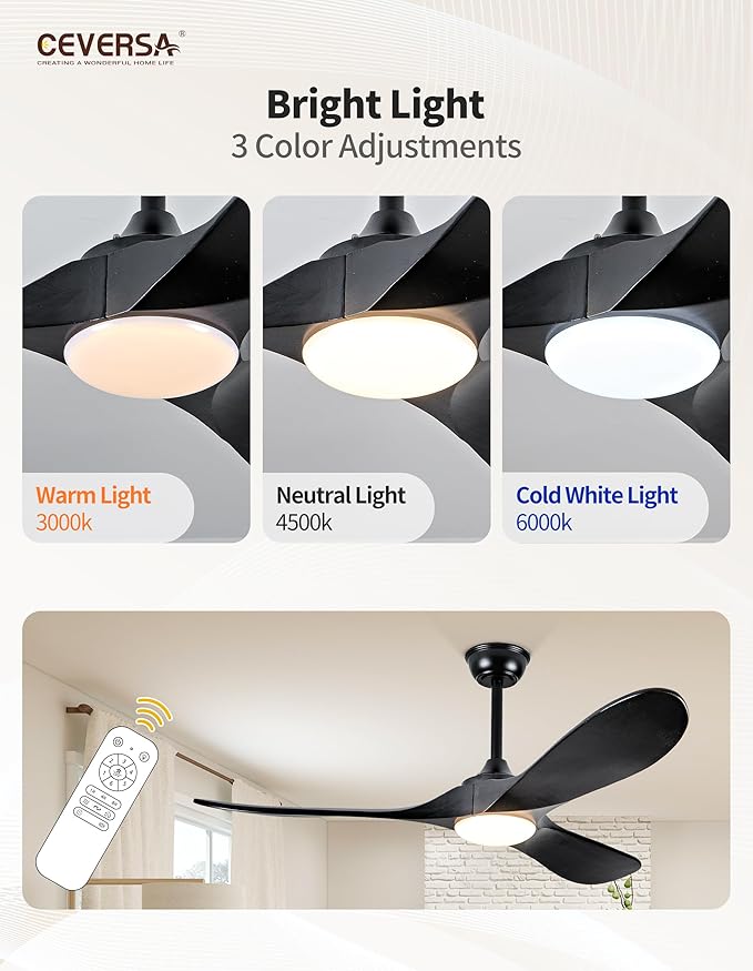 52 Inch Black Ceiling Fans with Lights and Remote,3 Blades Outdoor Wood Propeller Rustic Grey Ceiling Fans,Quiet Noiseless DC Motor,for Farmhouse,Living Room,Bedroom,Indoor