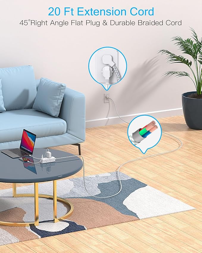 20 Ft Extension Cord with Multiple Outlets, Flat Plug Power Strip Surge Protector with 20 Ft Long Cord, 6 Outlet 3 USB Ports (1 USB C), Multi Outlet Wall Plug for Home Office Dorm Room Essentials