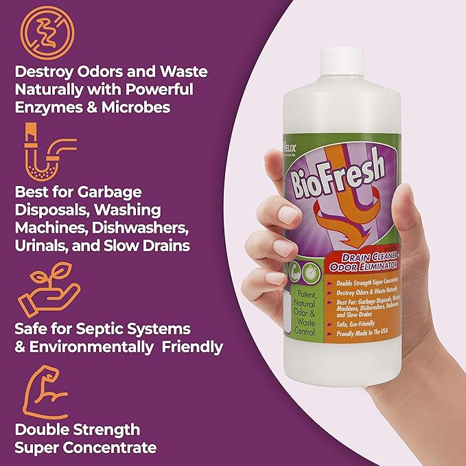 Enzyme Drain Cleaner & Deodorizer for Sink Drain, Showers, Septic Systems, Bathroom & Kitchen - Smell Remover for Fruit Fly Garbage Disposals, Dishwasher & Washing Machines - (32oz)