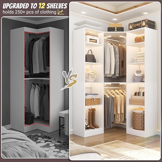 Corner Closet System with 12 Shelves, 39.2" Corner Closet Organizer System with 2 Hanging Rods, Versatile 6-Tier Walk-in Closets for Corner Space, White (39.2" L x 39.2" W x 80" H)