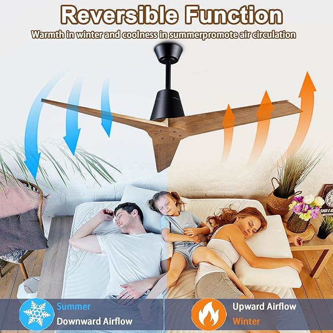 52" Ceiling Fans Without Lights, Solid Wood Ceiling Fan with Remote Control and DC Motor, Ceiling Fan no Light with 3 Blades, Indoor Outdoor Ceiling Fans for Patios, Bedroom-Black + Walnut