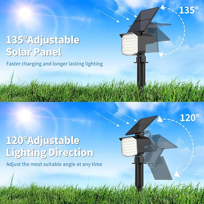 Solar Spot Lights Outdoor Waterproof Adjustable Solar Powered Landscape Lights for Yard 3 Long Time Lighting Modes Spotlights for Pathway Garden Outside Wall Pool Porch- 2 Pack, Cool White
