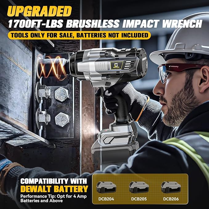 Cordless Impact Wrench 1/2 inch Compatible with Dewalt Battery: 1700FT-LBS High Torque Impact Wrench Heavy Duty Tool - Brushless Electric Impact Gun Includes LED Work Light - Bare Tool Only
