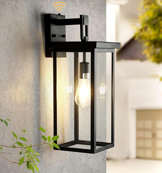 tewei Dusk to Dawn Large Outdoor Wall Lights, 20 Inch Outdoor Sconce Lights Black Exterior Lighting Fixtures, Large Porch Light with Clear Shade Sensor Modern House Lights for Garage, 1 Pack