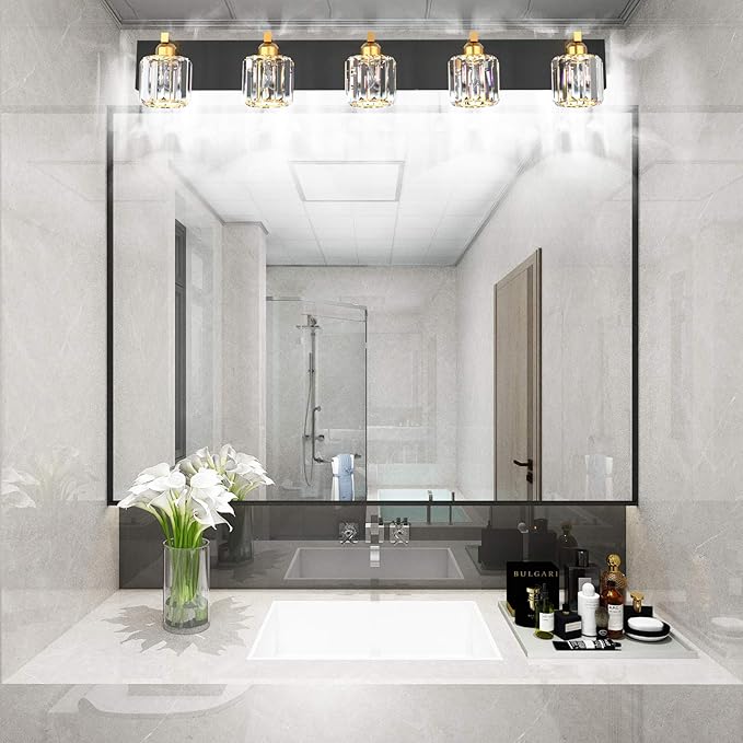 Aipsun Crystal Bathroom Vanity Light Black Vanity Lighting fixtures 5 Lights Crystal Vanity Light for Bathroom(Exclude Bulb)