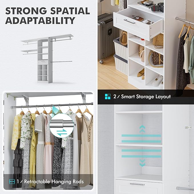 Closet System With Drawer - 8 FT Closet Organizer And Storage, Wood Closet Organizer System with Tower, Walk-in Closet Organizer Wardrobe Clothes Rack with 3 Hanging Rods, Garment Rack