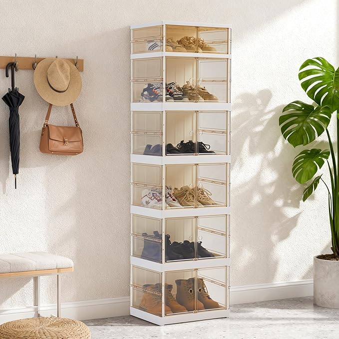 6-Tier shoe rack storage rack at the entrance of the wardrobe, sports shoe storage cabinet, foldable shoe cabinet with wheels, 3-sided transparent foldable multifunctional storage cabinet