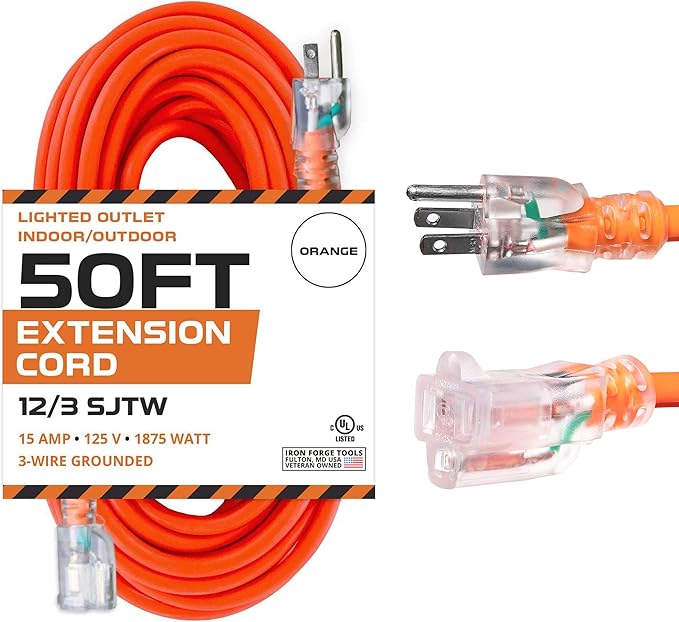 IRON FORGE CABLE 50 Ft Orange Extension Cord - 12/3 SJTW Heavy Duty Lighted Outdoor Extension Cable with 3 Prong Grounded Plug for Safety, 15 AMP - Great for Garden & Major Appliances