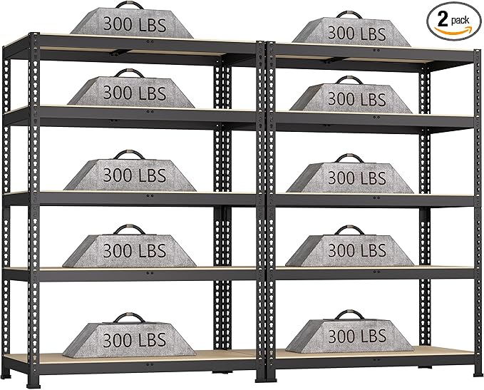 2 Packs 35.5" W x 16" D x 71" H Adjustable Garage Storage Shelves - 5-Shelf Heavy Duty Shelving Unit, Metal Utility Storage Organizer Racks for Warehouse Pantry Closet Kitchen, Black