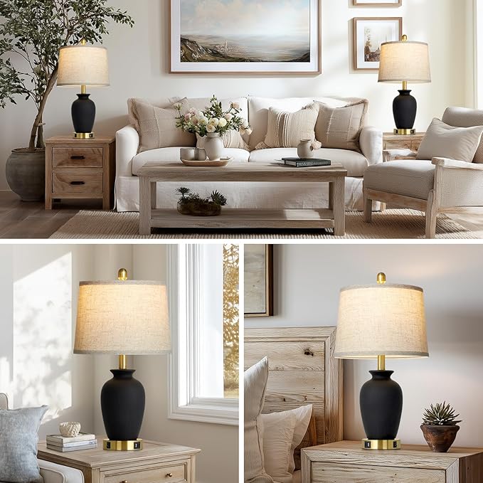 23" Set of 2 Black Ceramic Farmhouse Table Lamp with Ginger Jar Design, Bedside USB Lamps for Living Room,Dining Room,Bedroom,Office,Nightstand,End Table